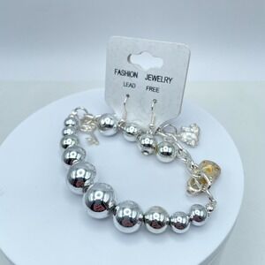 Y2K Circa 2010s Silver-Tone Key Bear Lock Charm Bracelet & Dangle Earrings Set